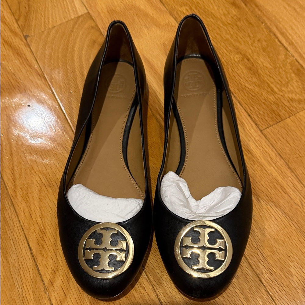 Tory Burch Black Flats with Gold Emblem